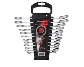 Tecos ringskraldenøglesæt med 12 dele, størrelser 8-19 mm, præsenteret i en sort holder med rød detalje.