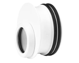 Wavin indvendig reduktion i hvid HT/PP, med mål Ø75 x Ø32 mm, viser to sorte gummipakninger.
