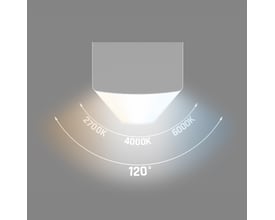 Illustration af 600mm Subtilo loftarmatur med 120 graders spredning, der viser justerbar 3CCT lys på 2700K, 4000K og 6000K.