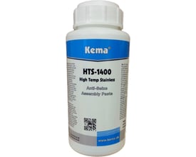 Nærbillede af Kema HTS-1400 pastaens hvide plastikkrukke, viser blå label med produktinformation og QR-kode.