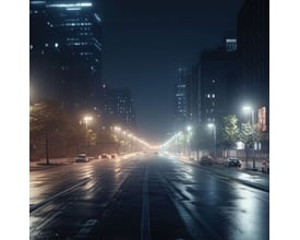SpectrumLED LED-gadelampe på 50 W vist i brug, hvor gadelamper oplyser en våd bygade om aftenen.