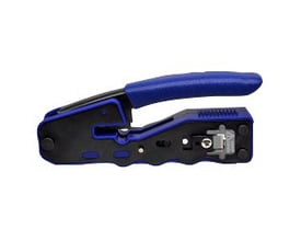 Giga-Lan Easy-Connect crimpværktøj til RJ45 plug, fremstillet af stål med blå håndtag, vist fra siden.