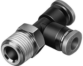 Festo T-forskruning QSMTL-1/8-6 i sort og sølv, med et udvendigt gevind og tre tilslutninger, fremstillet af metal og plast.