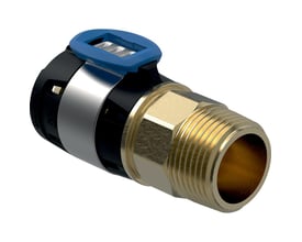 Geberit FlowFit overgangsnippel i blyfri siliciumbronze med 16mm muffe og 3/8" udvendigt gevind, vist med blå koblingsring.