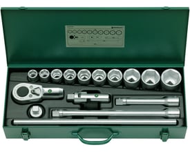 Stahlwille 3/4" topnøglesæt med 16 dele i robust stålkasse, inklusive topnøgler, skraldenøgle og tilbehør.