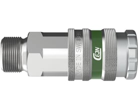 Detaljeret billede af Cejn 347 lynkobling nippel, der viser "MADE IN SWEDEN" og Cejn logo på grøn baggrund.