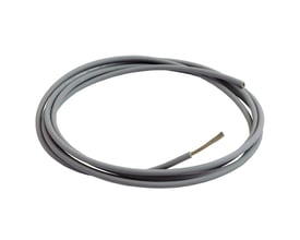 Lapp H05Z-K fortinnet ledning i grå farve, 100 meter rulle, med et synligt fortinnet kobberledertråd i den ene ende.