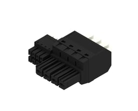 Weidmüller hybridkonnektor med 4 poler og PUSH IN-aktuator, set skråt med sort hus og tilslutningsåbninger.