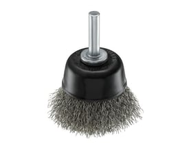 Ironside kopbørste med rustfri, bølget tråd og 6 mm skaft, set skråt forfra med skaftet pegende op.