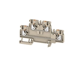 Detaljeret billede af Weidmüller A2T 2.5 gennemgangsklemme med fokus på PUSH IN fjederterminaler og beige kabinet.