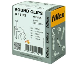 Emballage for Tillex Round Clips C 18-22 i hvid, med 100 stk. og mål 18-22mm, 2,0x55mm.