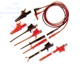 Oversigt over Elma Instruments universalt multimeter måletilbehørssæt med forskellige typer af testprober og clips arrangeret på en flad hvid overflade.