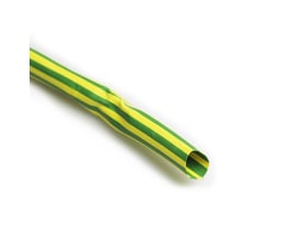 Raychem DCPT 12/6 krympeslange i gul og grøn med tydelige striber, vist med den ene ende åben på hvid baggrund.