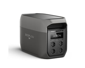 Sort Ecoflow Delta 3 Max-powerstation med 2048 Wh kapacitet og 2400 W effekt, set skråt forfra med display og strømudtag.