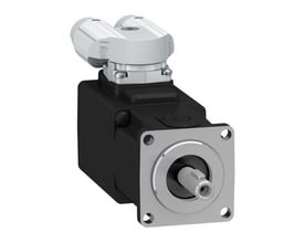 Schneider Electric Servo motor SH3 040 med 0,18Nm og 90 graders stik, med en sort motorblok og krom flange.