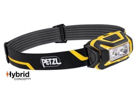 Petzl Aria 2 pandelampe i gul og sort med mærkelogo og hybridkoncept-grafik, med justerbar rem.
