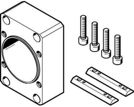 Festo koblingshus EAMK-A-R48-48A vist med tilbehør, herunder fire skruer og to monteringsskinner.
