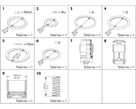 Diagram over dele til Danfoss vedligeholdelsessæt SCA 65, inklusiv nylon-, aluminiums- og fiberelementer samt forskellige ringe.