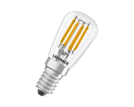 Ledvance LED T26 køleskabspære med E14 fatning, klar glas og synlige filamenter for 250lm, 2,8W varmt hvidt lys.