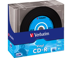 Verbatim CD-R på 700 MB med vinyludformning i gennemsigtig slimcase og blå emballage, mærket med 52x skrivehastighed.