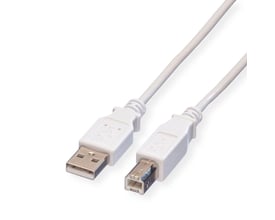 Hvidt USB 2.0 kabel på 3 meter med type A hanstik i den ene ende og kvadratisk type B hanstik i den anden ende.