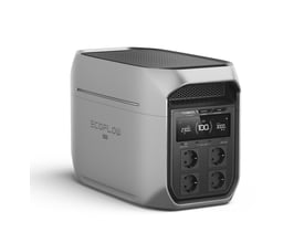 Grå EcoFlow Delta 3 Max Plus powerstation med display, USB-porte og fire stikkontakter, 2048 Wh og 3000 W.