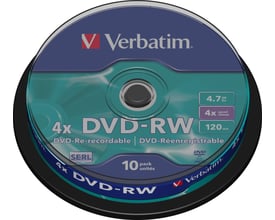 Verbatim DVD-RW-medier på sort spindel med blågrønne etiketter, 4x hastighed, 4,7 GB og SERL-lag.