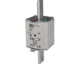 ETI NH2 DIN2 patronsikring på 315A med metal skrueterminaler, viser tydeligt mærkninger som 500V og 120kA.
