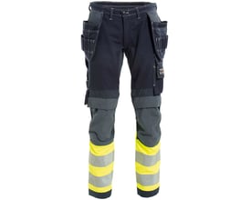 Tranemo FR håndværkerbukser i marineblå med gule og grå synlighedsbånd, knælommer og praktiske lommer, størrelse C50.