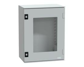 Schneider Electric vægskab med rude i mørkere grå farve, 430 x 330 x 200 mm, vist skråt forfra.