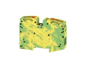 Frontvisning af Weidmüller A2C 35 PE push-in gennemgangsklemme, der viser de to gule orange åbninger til ledningsindføring.