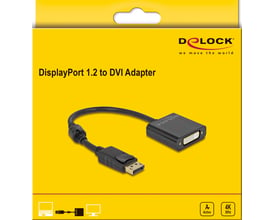 DeLock DisplayPort 1.2 han til DVI hun 4K aktiv adapter i sort vises på gul emballage med begge stik.