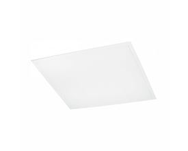 Hvidt, firkantet SpectrumLED Algine LED-panel på 620 x 620 mm set skråt forfra, med en jævn lysflade.