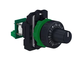 Komplet potentiometer i plast fra Schneider Electric med sort drejeknap, grøn ring og 2,2 kOhm markering på etprintkort.