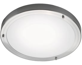 Nordlux Ancona Maxi loftlampe i børstet stål og opalfarvet glas, med to E27 fatninger og en diameter på 31,5 cm.