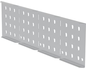 Lauritz Knudsen endeplade 150x60x1mm i Zinc+, vist med perforerede sider og en vinklet profil på hvid baggrund.