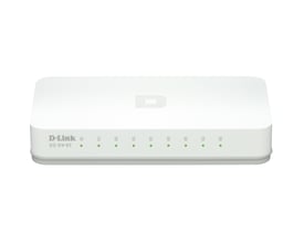 Hvid D-Link Fast Ethernet Easy Desktop Switch med otte porte og grønne statuslamper på fronten.