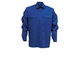 Kansas skjorte i kongeblå bomuld, størrelse 2XL, med to brystlommer og en lille rød logomærke.