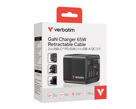 Emballagen til Verbatim GaN-oplader på 65 W viser den sorte oplader med udtrækkeligt kabel og adaptere.