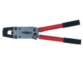 Oversidebillede af Elpress T2600C pressetangen, der viser den grå metal-mekanisme og justeringshjul på de lange røde håndtag.