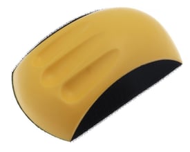 Gul håndslibeklods med sort velcroflade og ergonomisk buet greb, 90 x 150 mm.