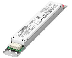 Tridonic LED driver DALI-2 LC 50/150-500/230 DA lp SNC4 med hvidt hus og grønne tilslutningsterminaler, monteret på en metalramme.