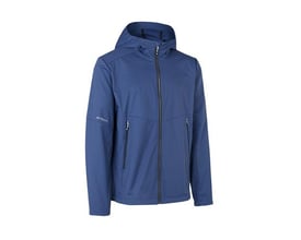 ID Identity stormblå softshell jakke i størrelse 2XL, med lynlås og hætte, og diskret logo på ærmet.