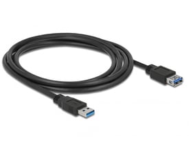 DeLock USB 3.0 forlængerkabel på 2 meter, sort, med Type-A han- og hunstik, vist på hvid baggrund.