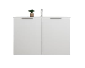 Sanibell Online møbelsæt i hvid højglans, 101x36 cm, med to låger og diskrete krom greb, set forfra på hvid baggrund.