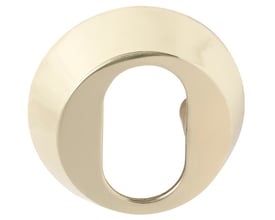 Assa Abloy cylinderring i messing, model 412.705-18, set skråt forfra med rund yderside og aflang åbning.