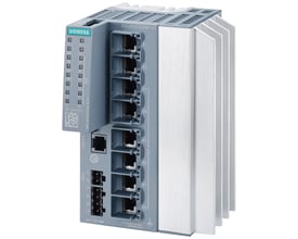 Siemens SCALANCE XC208G PoE switch, en kompakt, grå og sølvfarvet enhed med 8 RJ45-porte, diagnostiklys og køleribber.