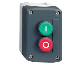 Detaljeret billede af Schneider Electric XALD213 trykkasse, der viser de tydeligt mærkede 'I' og 'O' knapper.