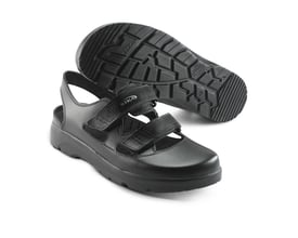 Sika Footwear Optimax sandal i sort læder med dobbelt velcrolukning og en skridhæmmende ydersål vist på hvid baggrund.