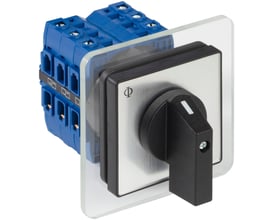Kraus & Naimer 40 A vendeomskifter/fasevender med 1-0-2 funktion, sort drejegreb og frontskilt på 64 × 64 mm.